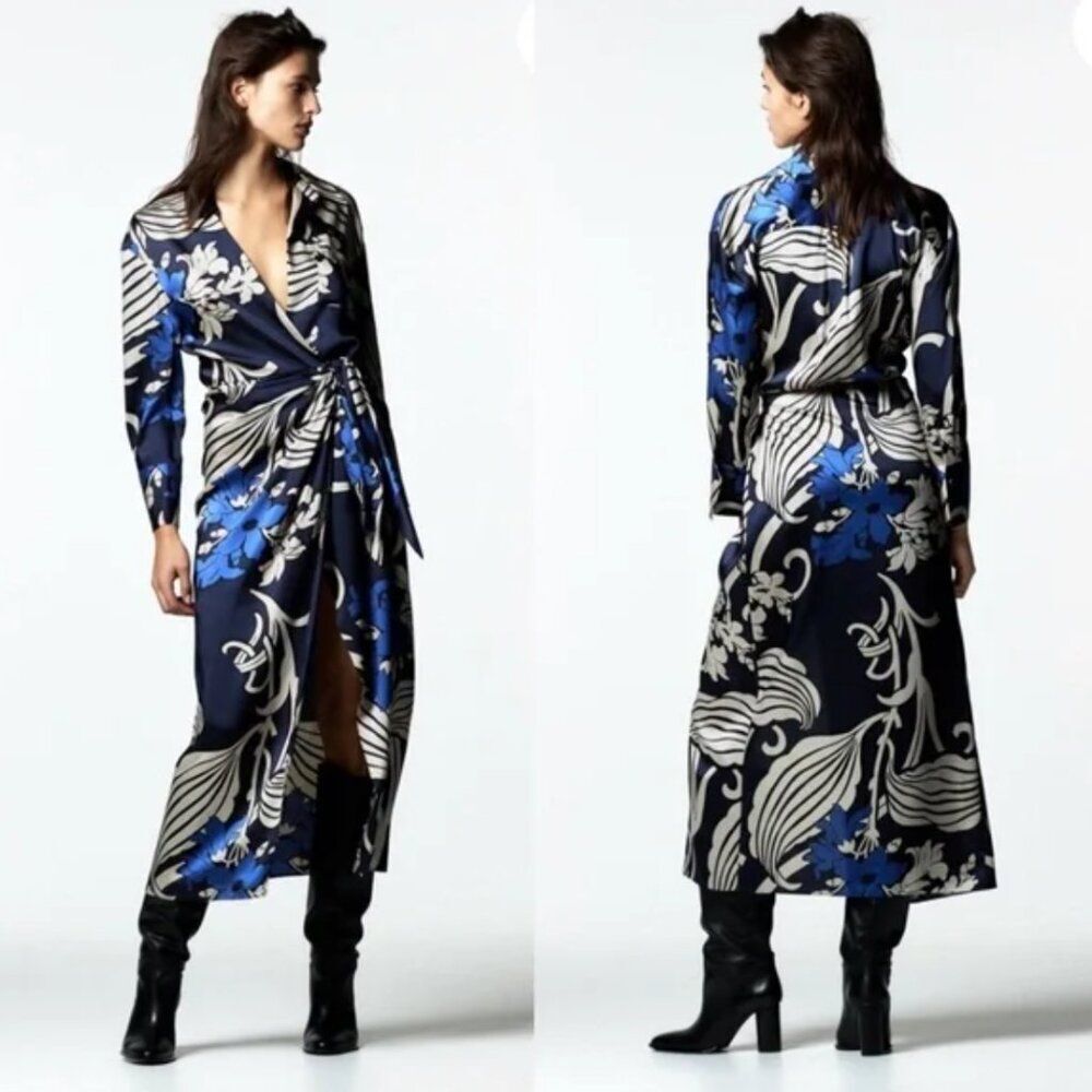 Zara Size S Printed Midi Maxi Wrap Front Shirt Dress Blue Classic Timeless
